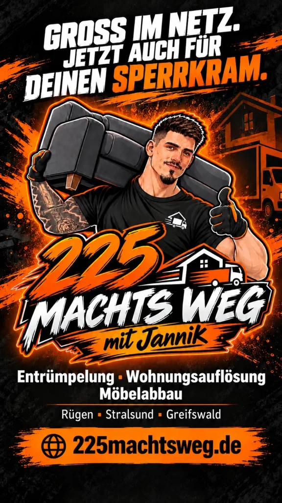 Werbemotiv „Groß im Netz. Jetzt auch für deinen Sperrkram.“ mit Karikatur und Webadresse