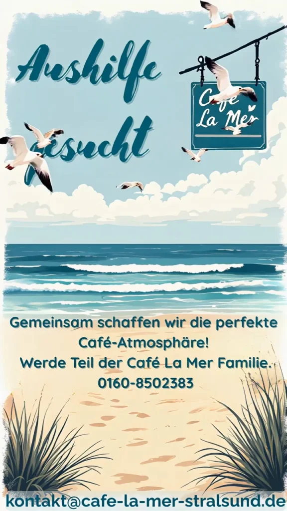 Clip „Aushilfe gesucht“ für das Café La Mer: Strand, Meer, Möwen und Schild mit Café-Logo