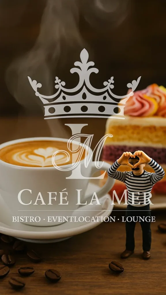 Kaffee mit Milchschaum, Kuchen und das Logo des Café La Mer
