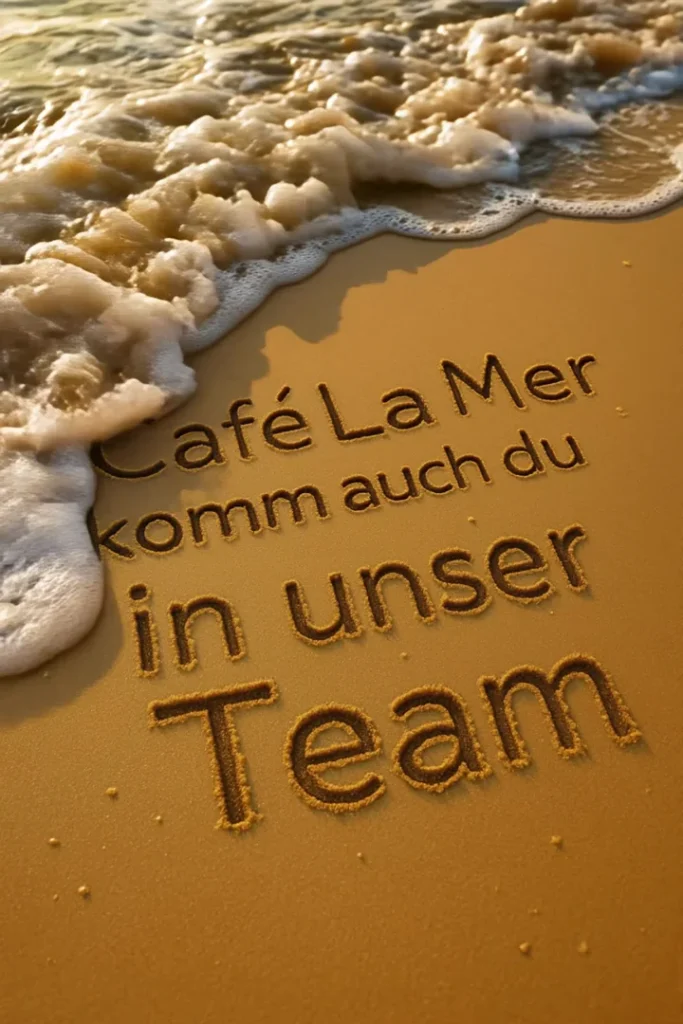Schriftzug „Café La Mer – komm auch du in unser Team“ im Sand, eine Welle läuft heran