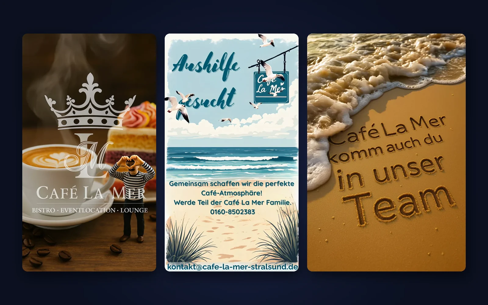 Drei Clips für das Café La Mer: Image-Clip mit Logo, „Aushilfe gesucht“ und „Komm auch du in unser Team“