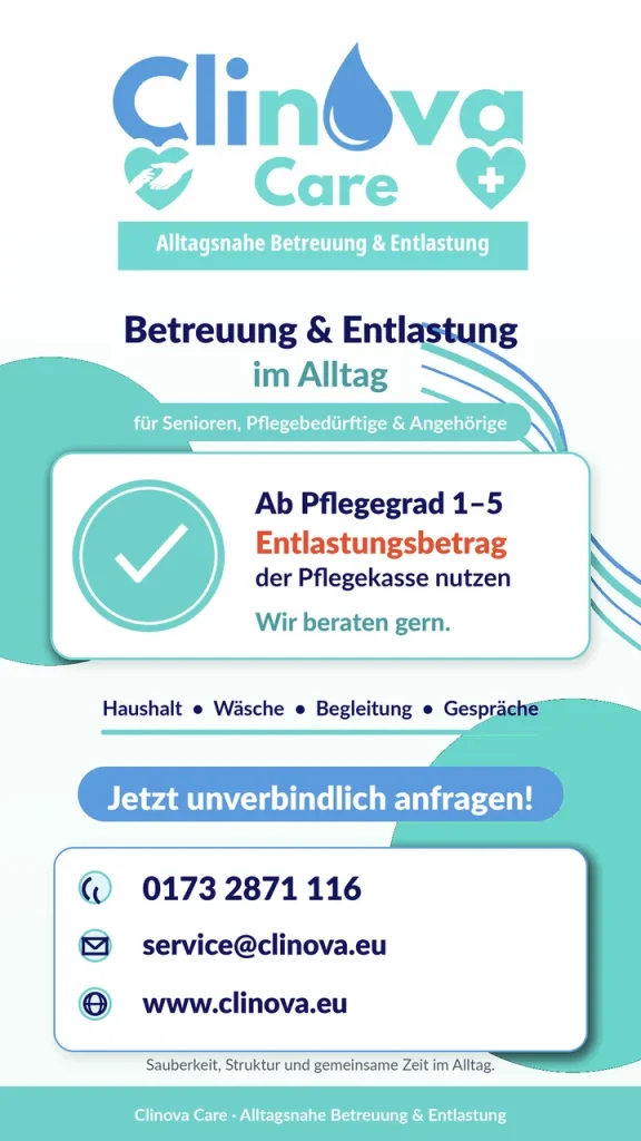 Abschlusstafel von Clinova Care: Betreuung und Entlastung im Alltag, Entlastungsbetrag ab Pflegegrad 1 bis 5, Kontaktdaten