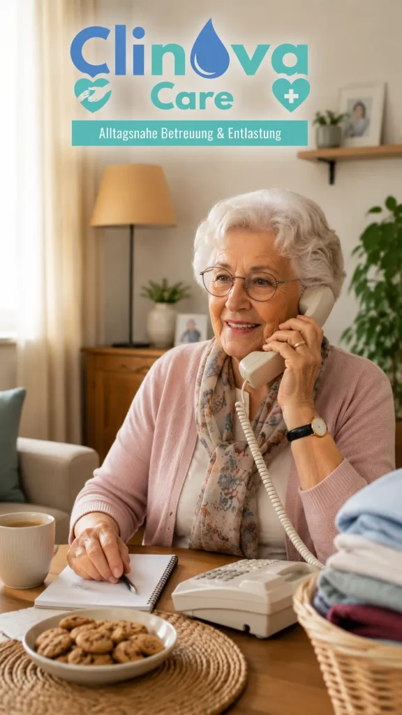 Ältere Dame telefoniert am Küchentisch
