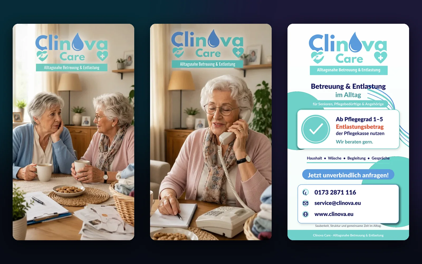 Zwei Standbilder aus Clinova-Care-Clips mit älteren Damen im Alltag und die Abschlusstafel mit Kontaktdaten