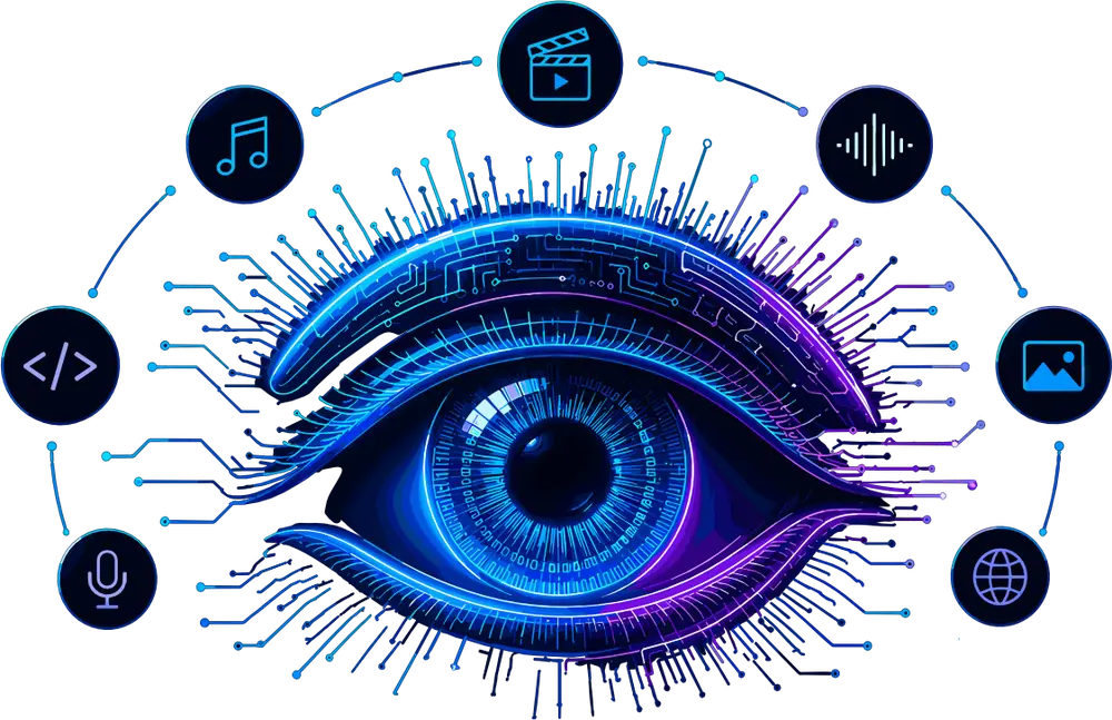 CodeYourVision-Signet: stilisiertes Auge mit Schaltkreis-Linien, umgeben von Symbolen für Code, Musik, Video, Audio, Bild, Web und Stimme