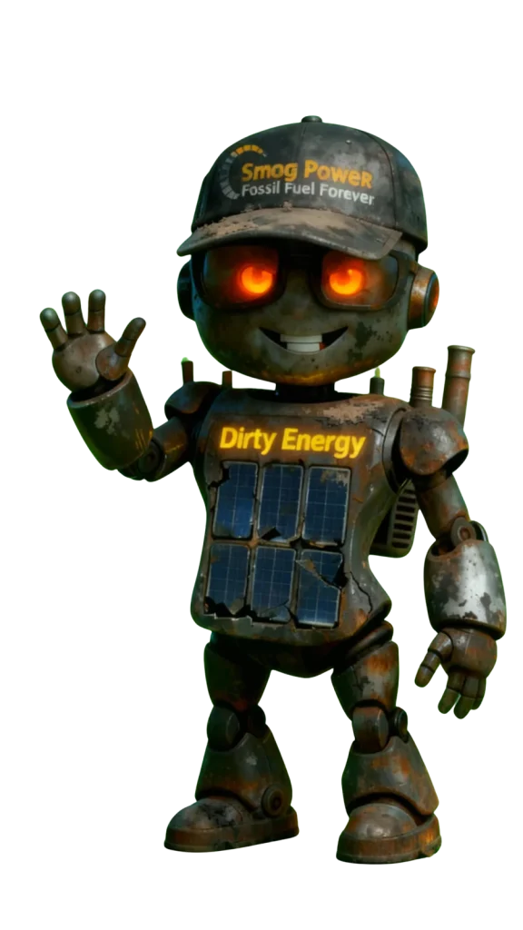 Dirty Energy, dunkle Roboterfigur mit glühenden Augen und Kappe
