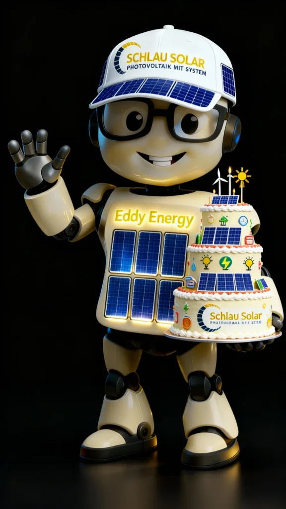 Eddy Energy hält eine Torte mit Solarmodul-Dekor