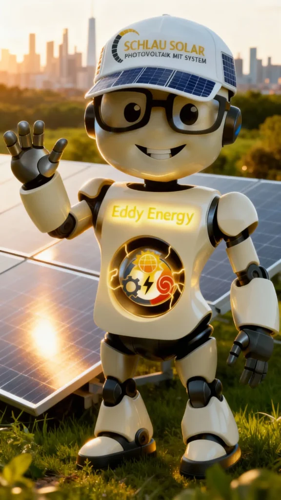 Eddy Energy winkt vor einer Photovoltaik-Anlage im Abendlicht