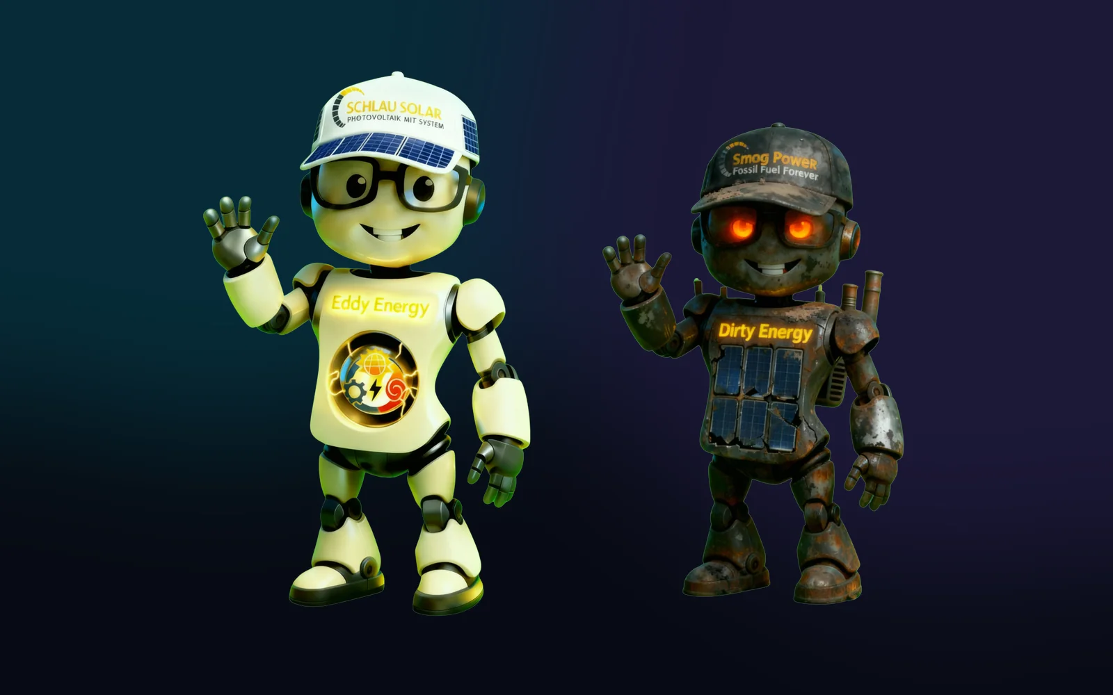 Die Markenfiguren Eddy Energy, ein freundlicher Solar-Roboter mit Schlau-Solar-Kappe, und sein dunkler Gegenspieler Dirty Energy