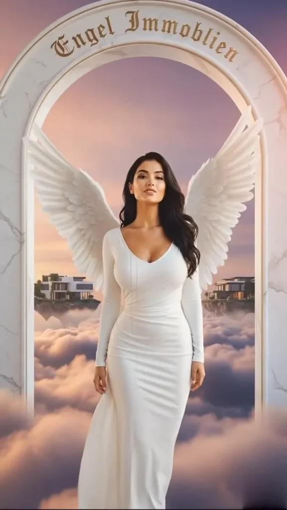 Engelsfigur im weißen Kleid in einem Marmorbogen mit dem Schriftzug „Engel Immobilien“ über den Wolken