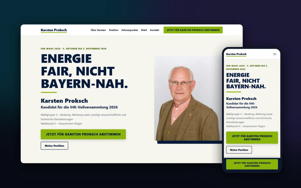 Die Kampagnenwebsite von Karsten Proksch zur IHK-Wahl auf Desktop und Smartphone