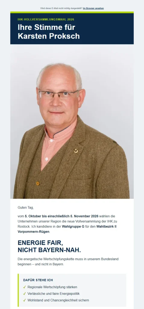 Ausschnitt aus der HTML-Wahlmail „Ihre Stimme für Karsten Proksch“
