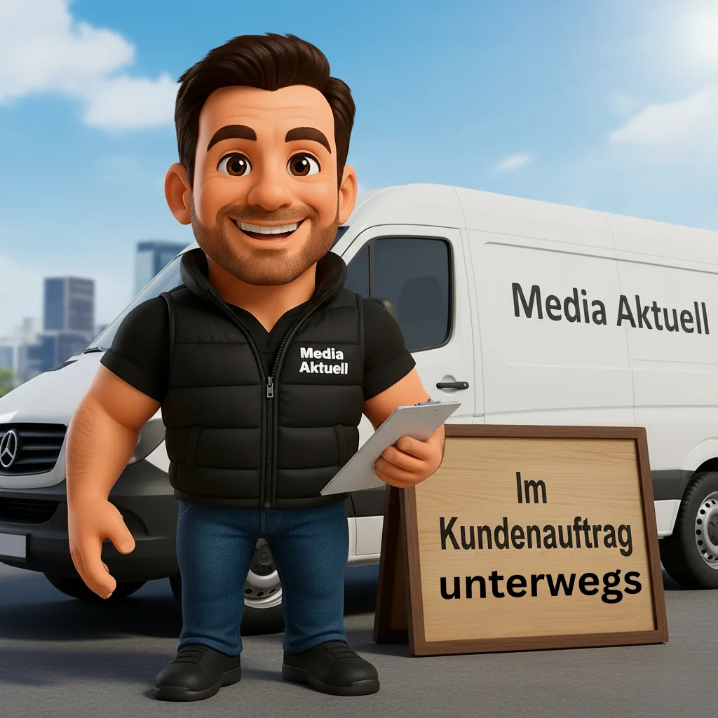 Maskottchen von Media Aktuell vor einem Transporter mit Schild „Im Kundenauftrag unterwegs“