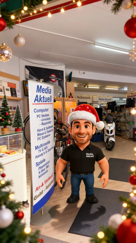 Maskottchen mit Weihnachtsmütze im Geschäft