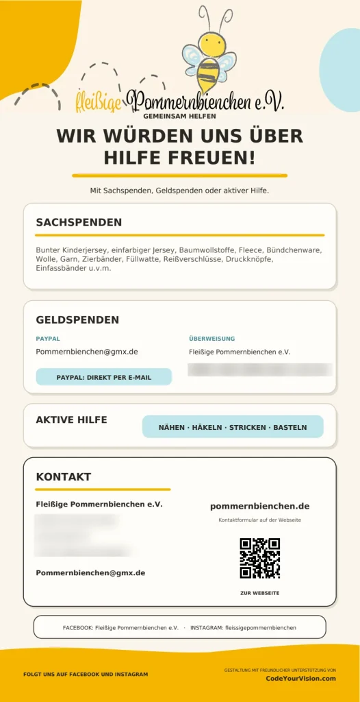 Rückseite des Flyers: „Wir würden uns über Hilfe freuen!“ mit Sachspenden, Geldspenden, aktiver Hilfe und Kontakt; Anschrift und Bankverbindung unkenntlich