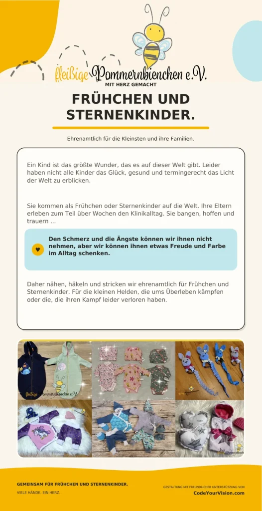 Vorderseite des modernisierten Flyers der Fleißigen Pommernbienchen e.V.: „Frühchen und Sternenkinder“, Text über den Verein und Fotos genähter Kleidung und Kuscheltiere