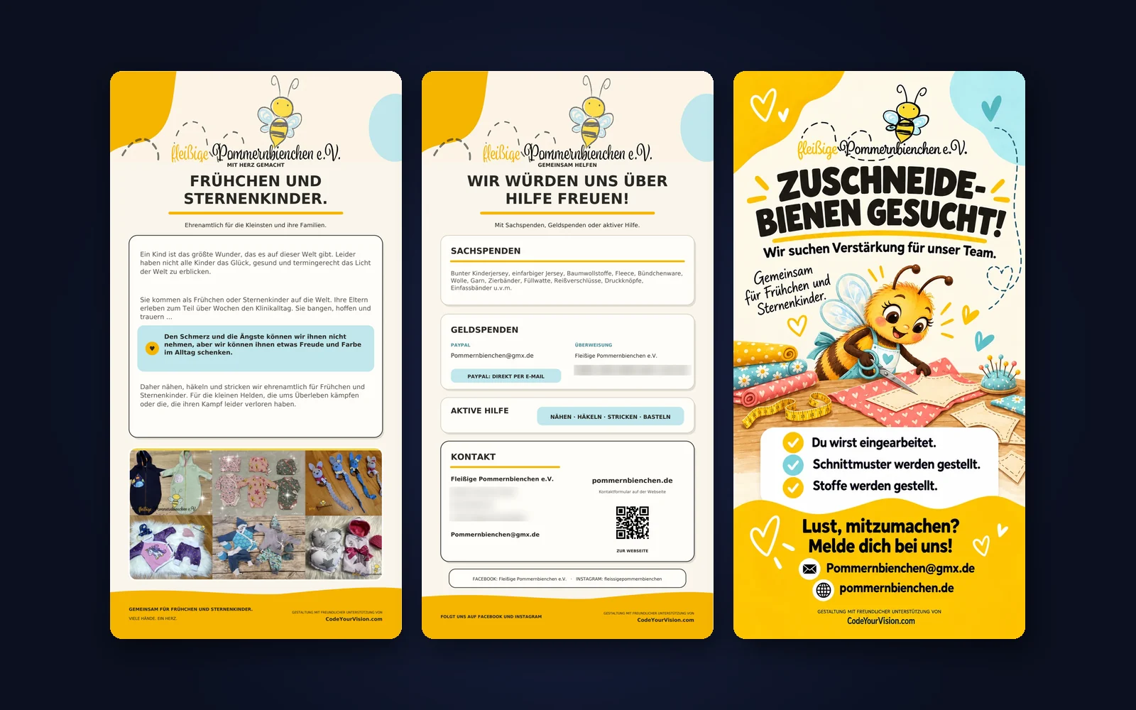 Flyer der Fleißigen Pommernbienchen e.V. (Vorder- und Rückseite) und das Plakat „Zuschneidebienen gesucht!“