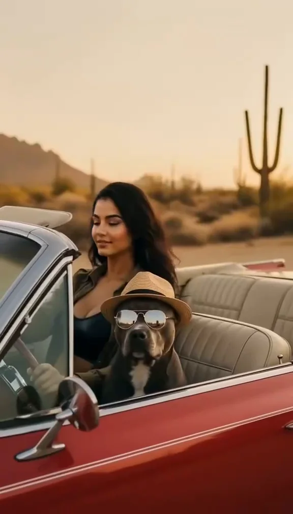 QueenOfCrave im roten Cabrio mit einem Hund mit Hut und Sonnenbrille, Wüstenlandschaft im Hintergrund