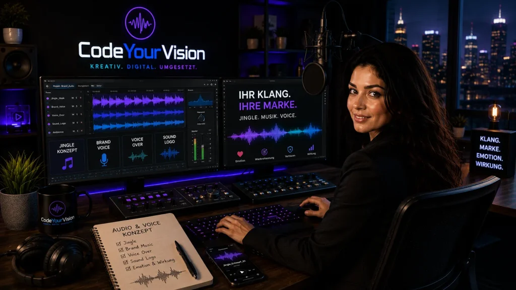 Kampagnenmotiv „Jingle“: Audio-Software mit Wellenform und der Zeile „Ihr Klang. Ihre Marke.“