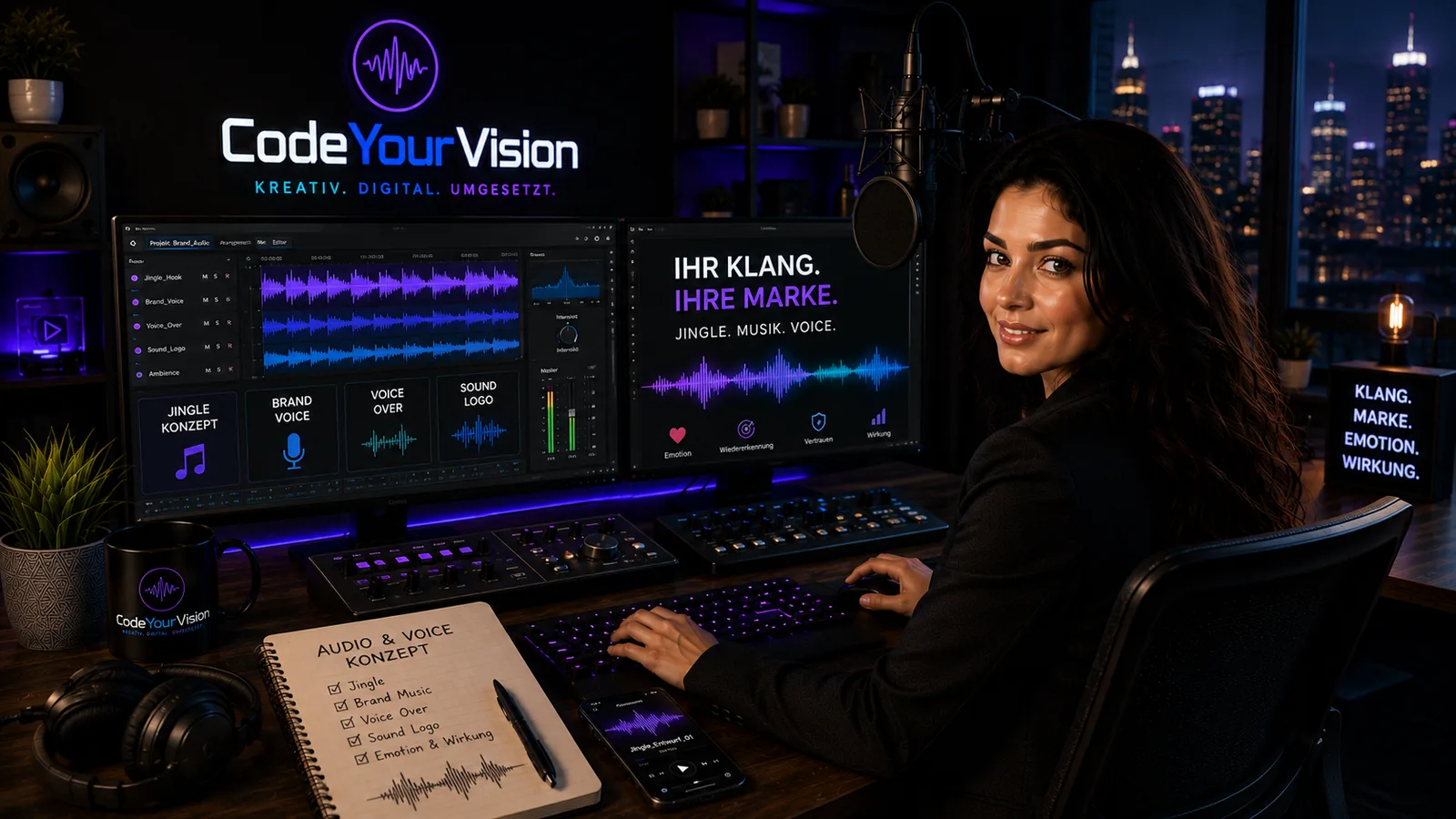 Kampagnenmotiv „Jingle“: Audio-Software mit Wellenform und der Zeile „Ihr Klang. Ihre Marke.“