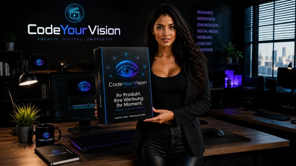 Kampagnenmotiv: KI-generierte Figur im dunklen Studio präsentiert eine Verpackung mit CodeYourVision-Logo