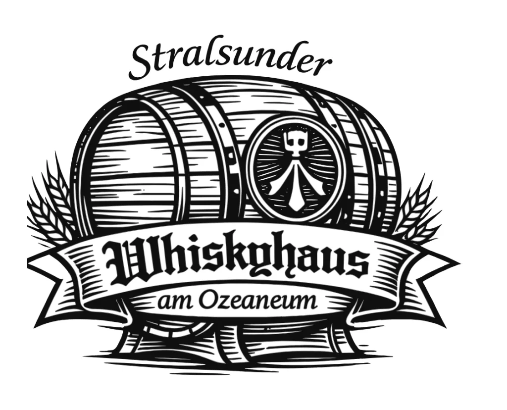 Logo „Stralsunder Whiskyhaus am Ozeaneum“: Holzfass mit Wappen, Getreideähren und Banner in Schwarz-Weiß