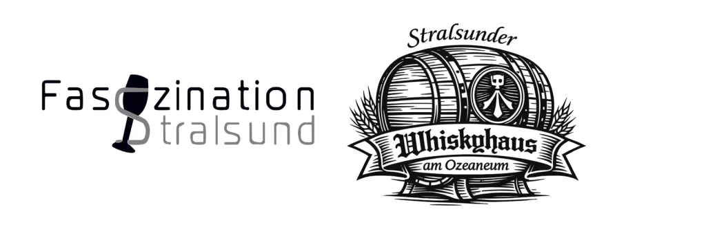 Logos „Faszination Stralsund“ mit Weinglas und „Stralsunder Whiskyhaus am Ozeaneum“ mit Fass und Banner in Schwarz-Weiß