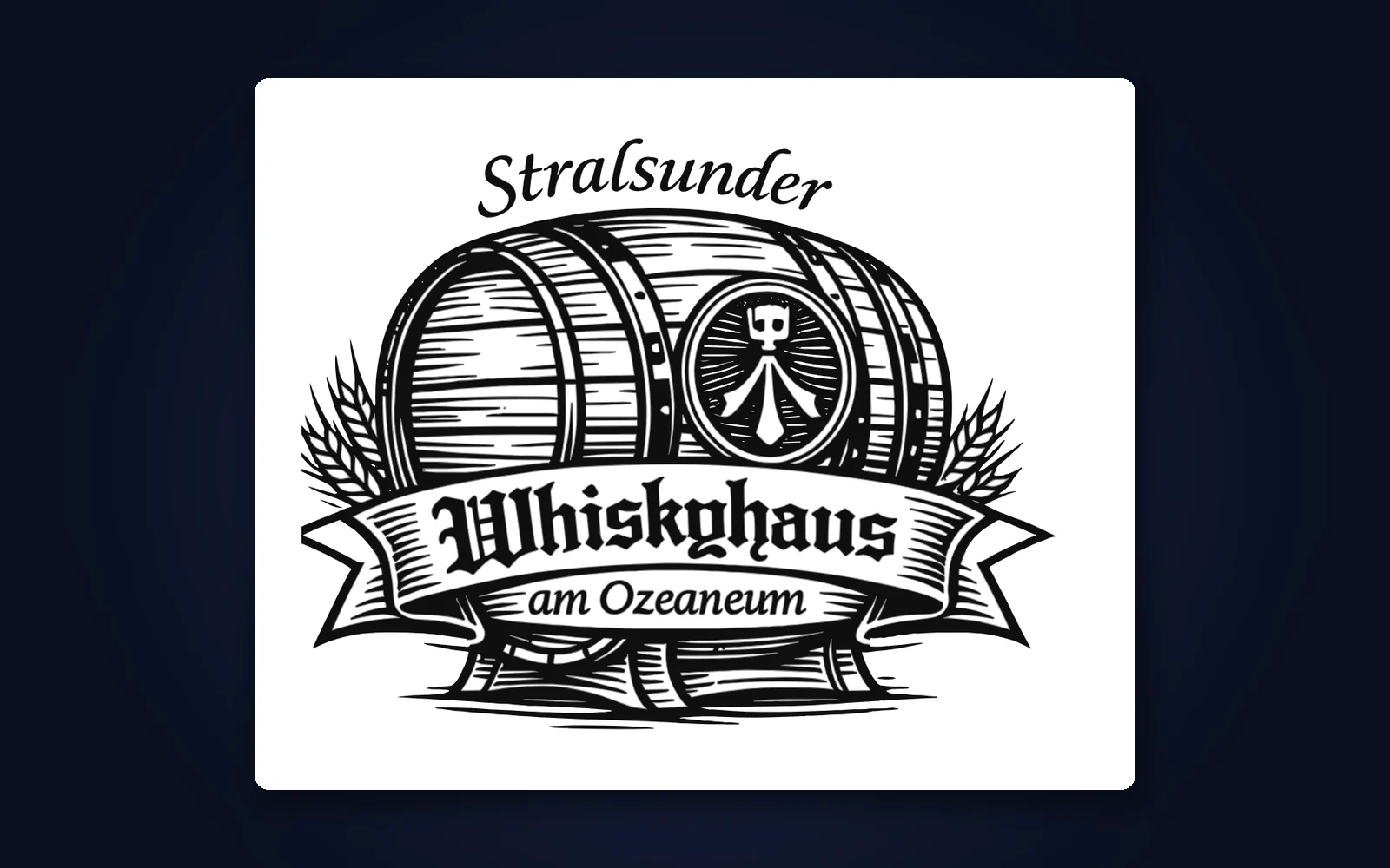 Logo „Stralsunder Whiskyhaus am Ozeaneum“: Holzfass mit Wappen, Getreideähren und Banner